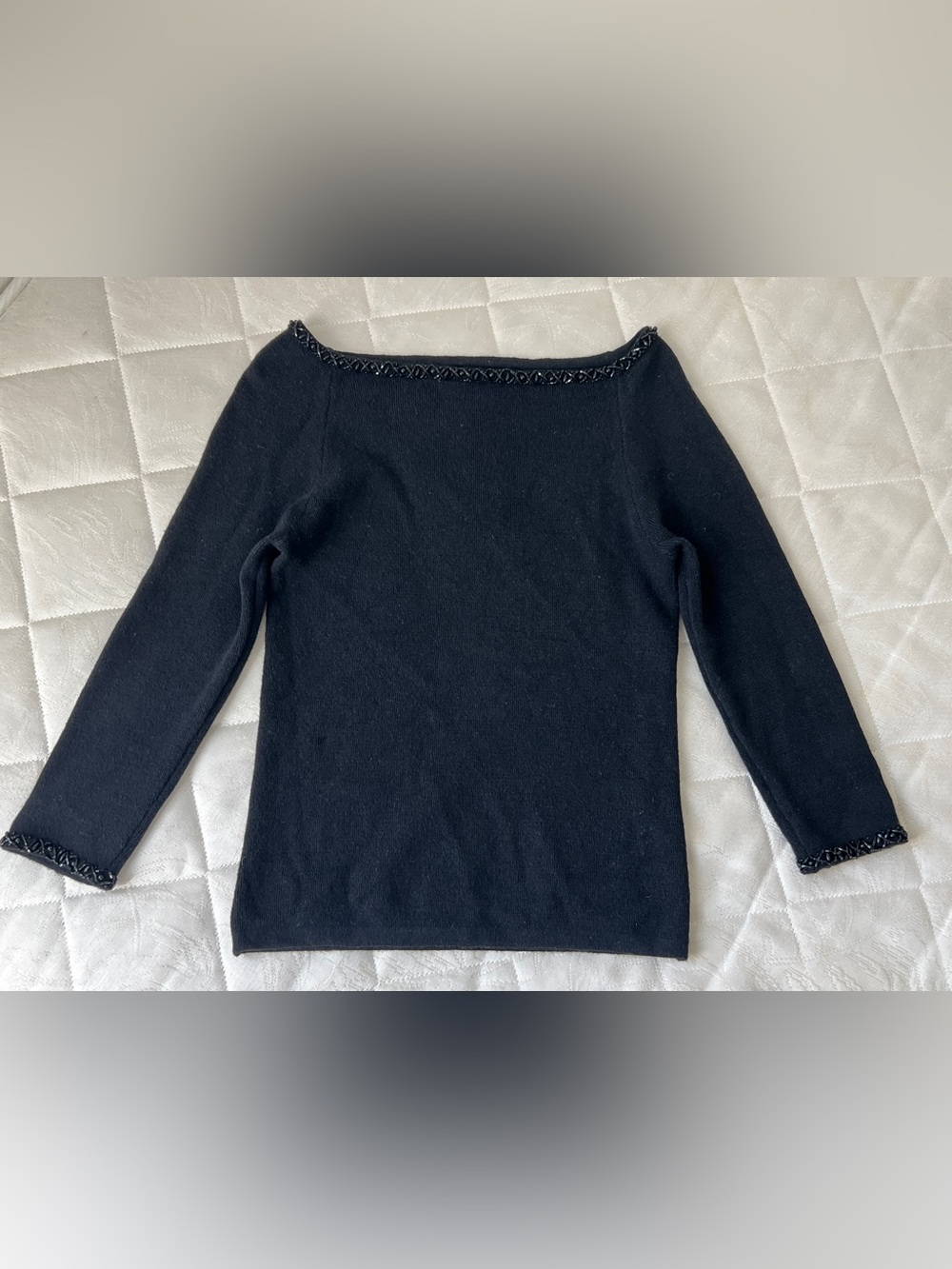 INC Merino wool Classic Black Women's Boatneck Sweater Beaded trim 3/4 sleeves S